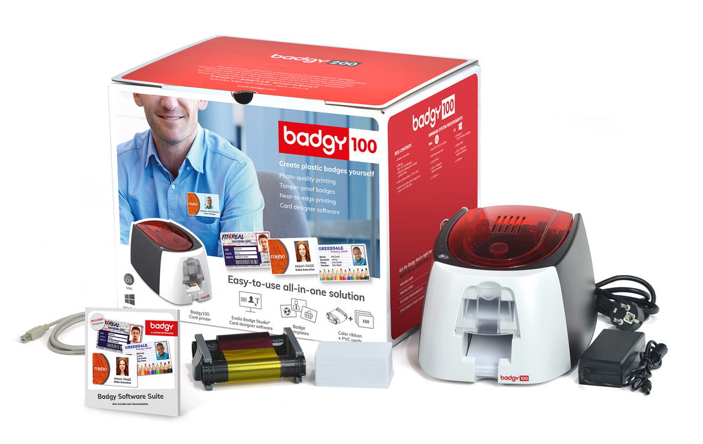 Evolis Badgy200 ID card printer kit with ribbon, Badgy software suite, and blank PVC cards supplied by AuthorizID