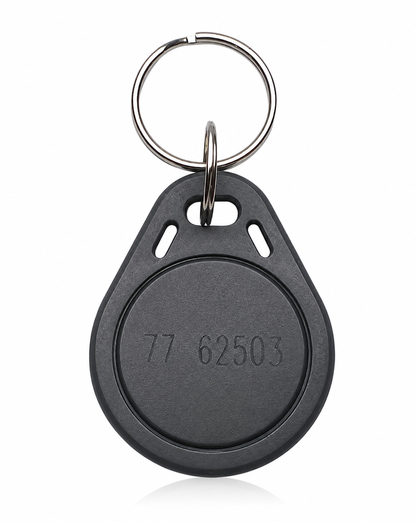 AuthorizID Corporate 1000 35-Bit thin grey proximity key fob front view showing the molded ID number on the teardrop ABS housing.