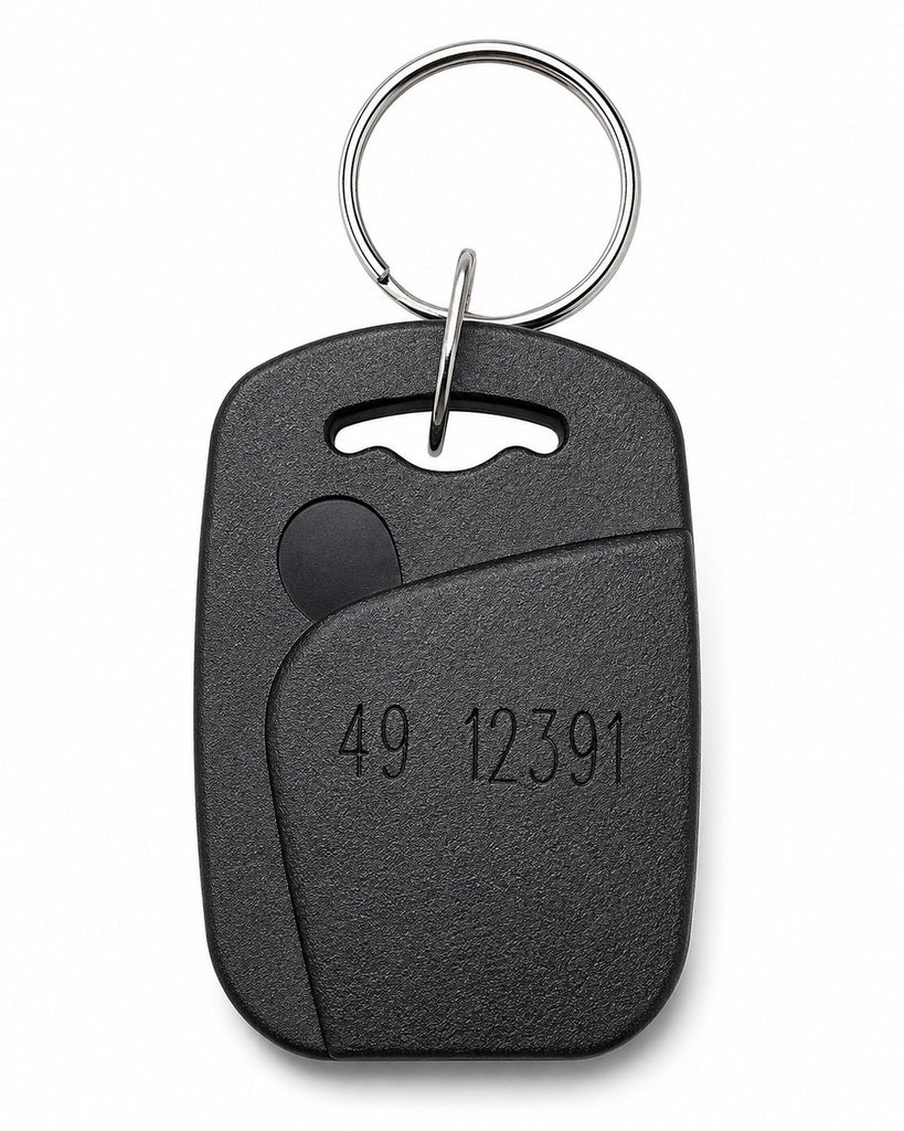 AuthorizID Corporate 1000 35-Bit proximity key fob front view showing black textured ABS housing and nickel split ring.