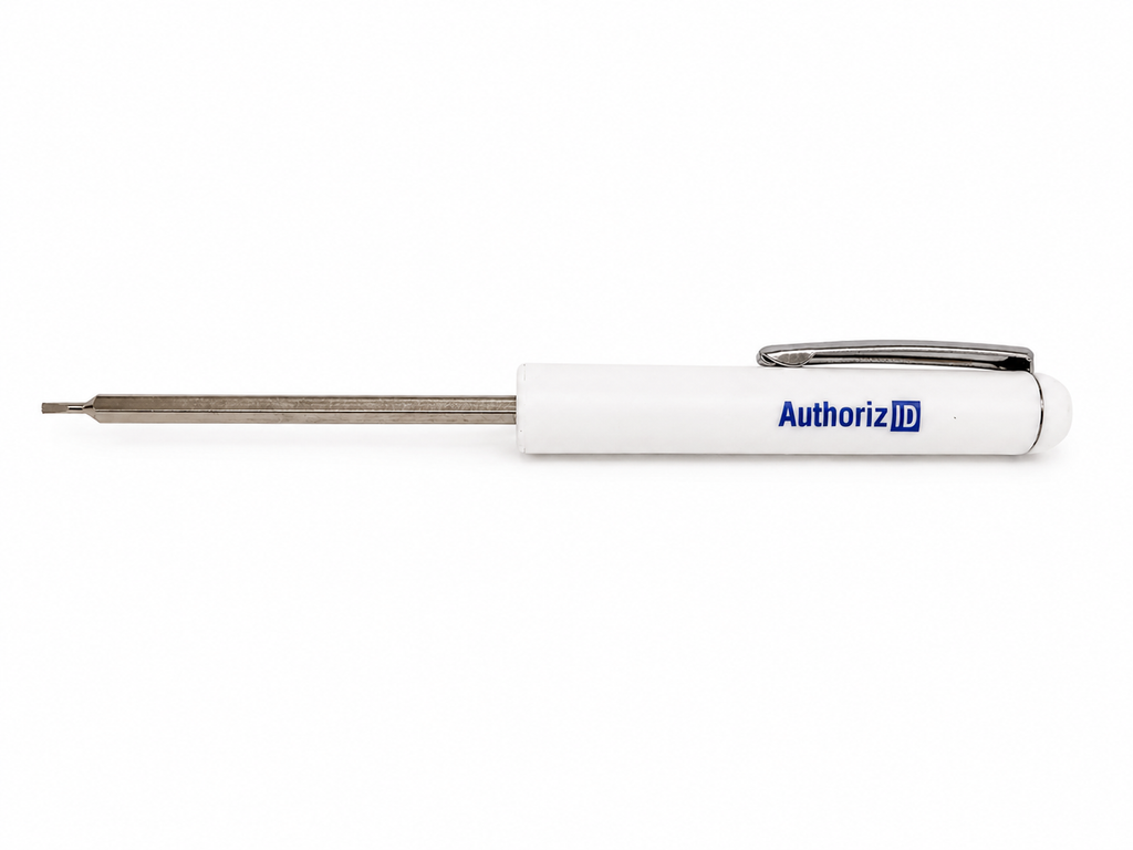 AuthorizID reversible precision screwdriver with micro flat head tip for access control boards, security systems, alarm panels, low-voltage electronics, and field service technicians.