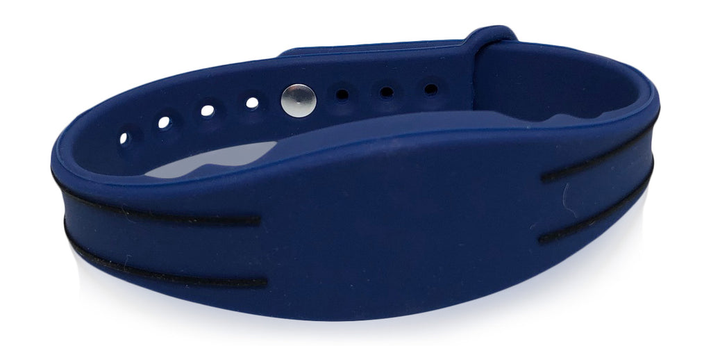 Top view of blue H10304 37-bit RFID proximity wristband for access control