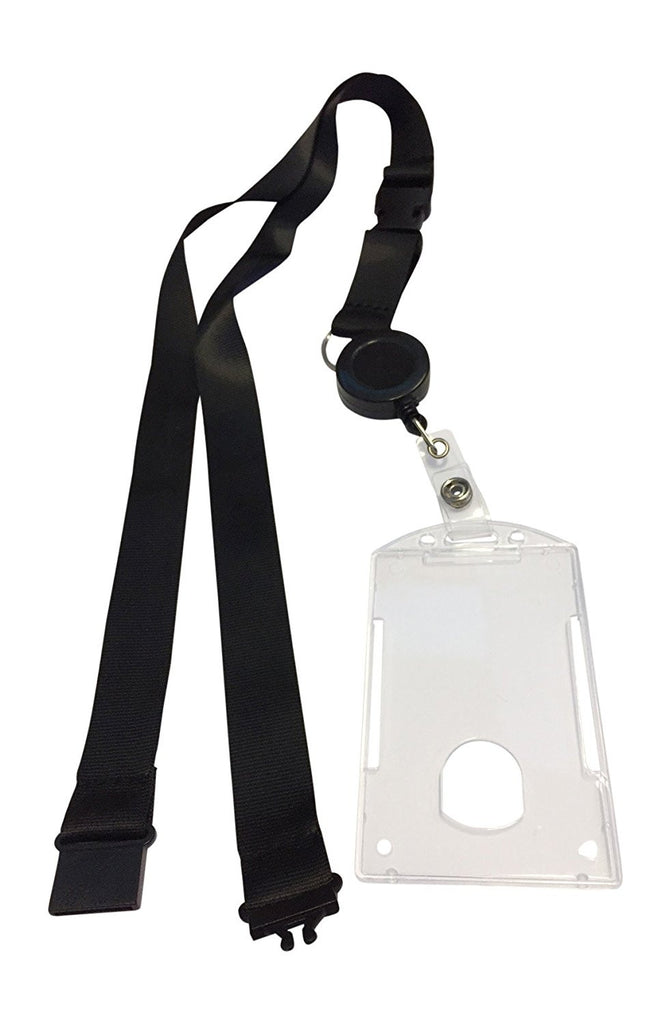 AuthorizID access control badge carrying solution with a breakaway neck lanyard, retractable reel, and rigid holder for RFID cards, key cards, and ID badges.